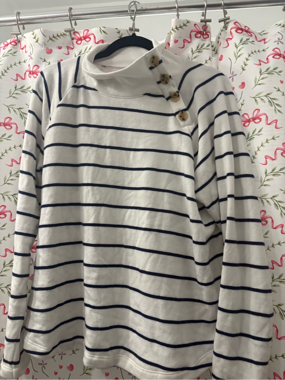 J. Crew Factory White Navy Striped Button Shoulder Pullover